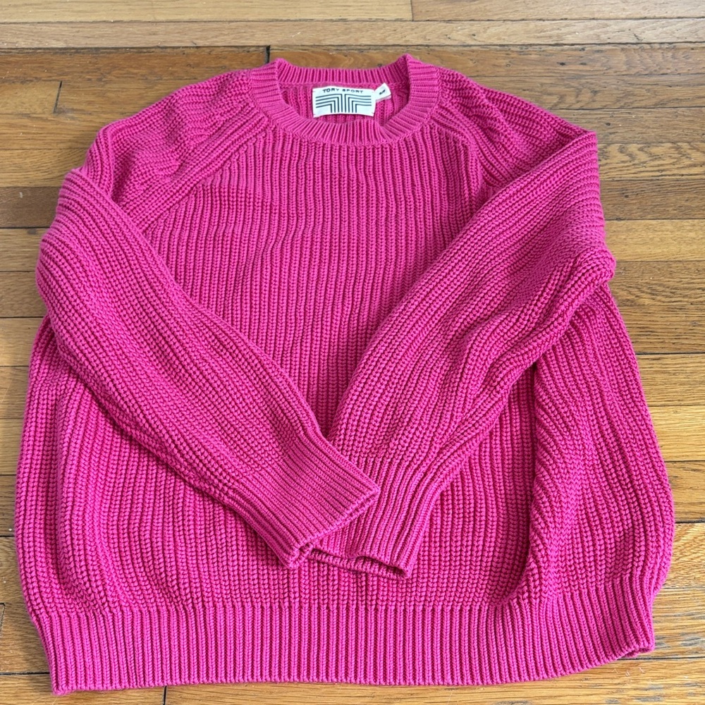 Tory Sport Hot Pink Ribbed Crewneck Sweater